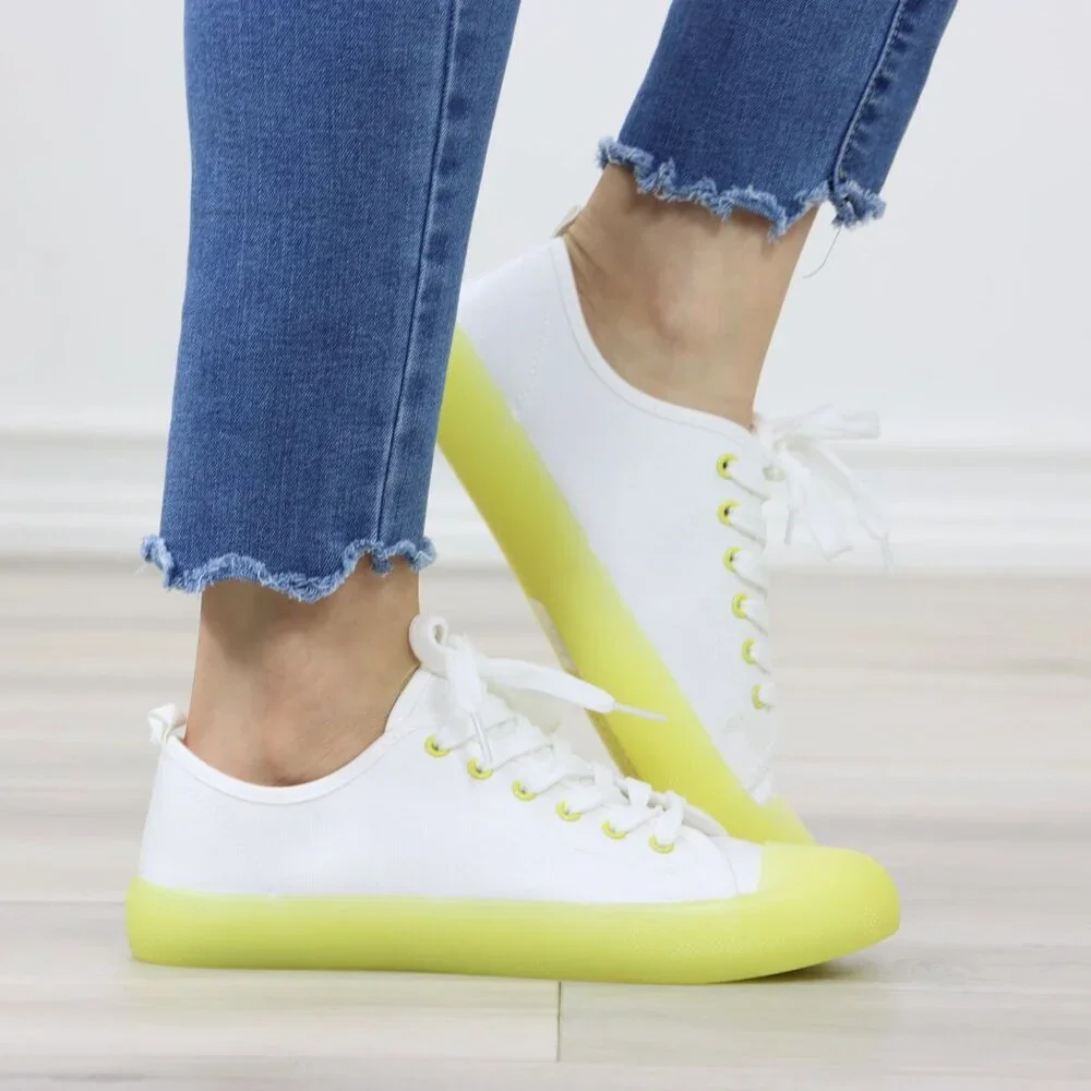 White & Neon Canvas Fabric Fashion Comfort Low Top Sneakers Shoes - Picture 2 of 14